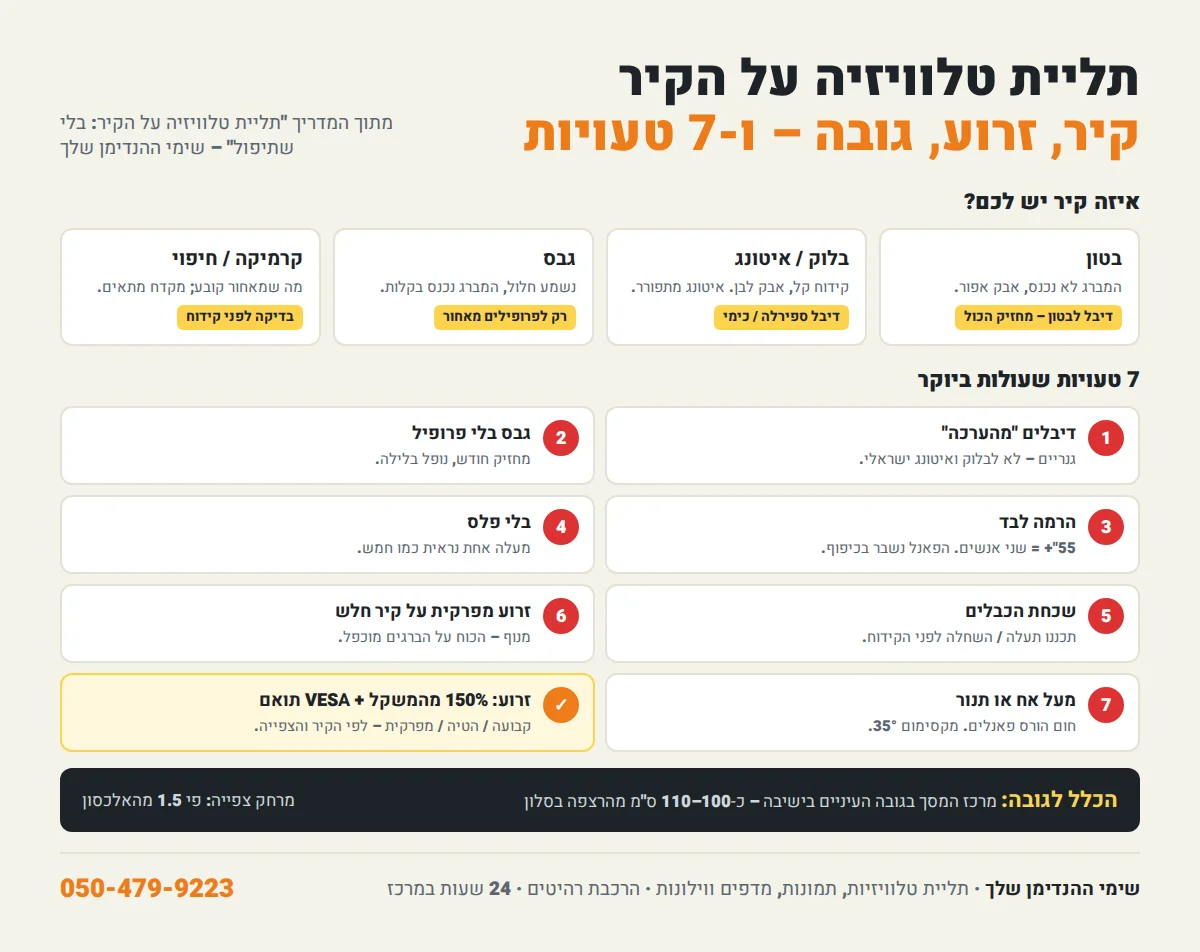 אינפוגרפיקה: תליית טלוויזיה על הקיר – סוגי קירות ו-7 טעויות